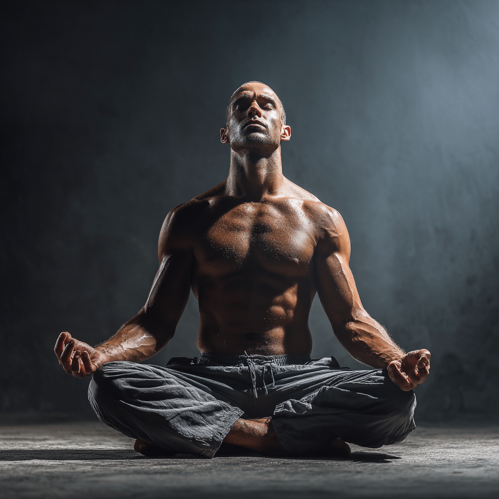 Man in meditation pose showing mental discipline and inner strength development