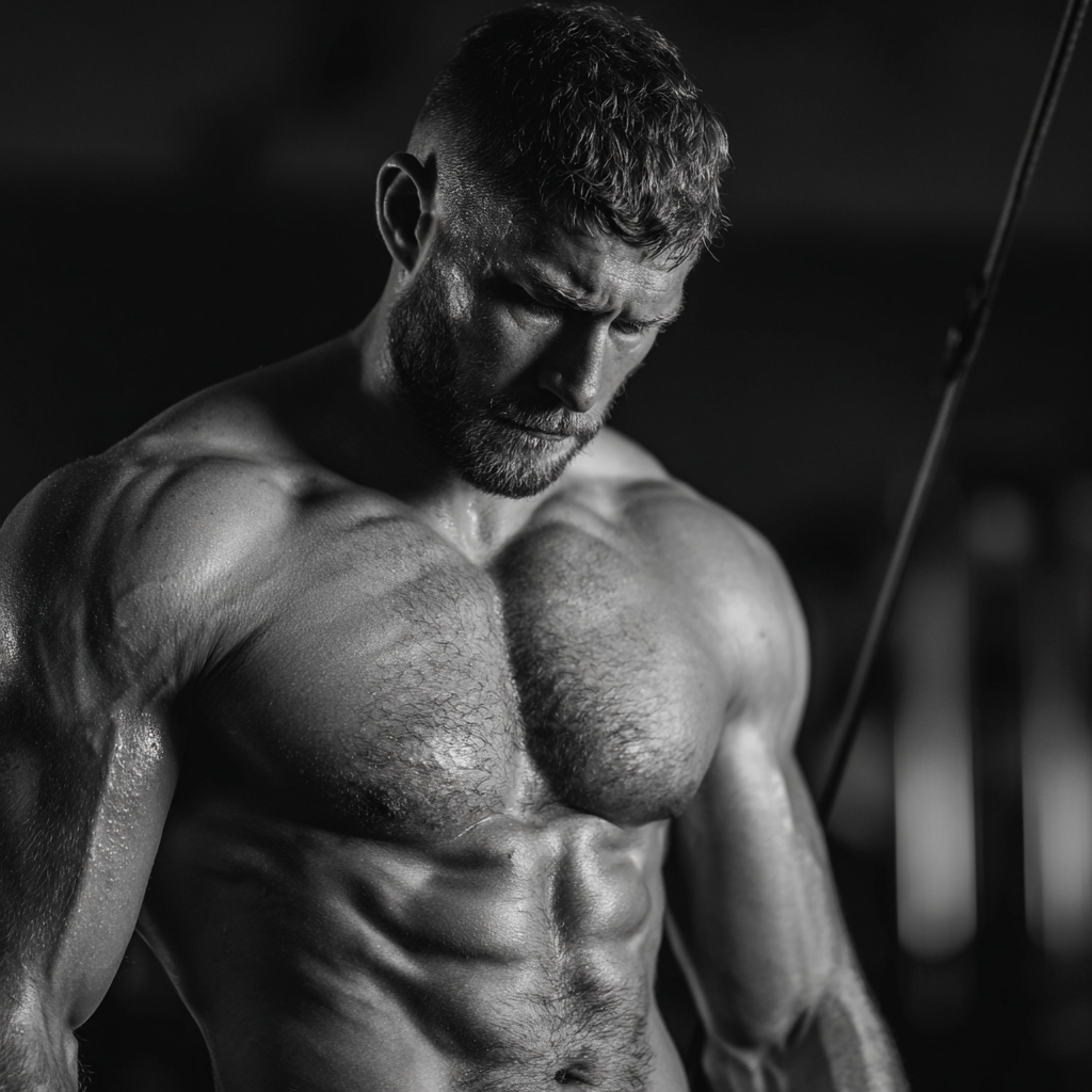 Strong athletic man in gym setting focused on workout with determination and discipline